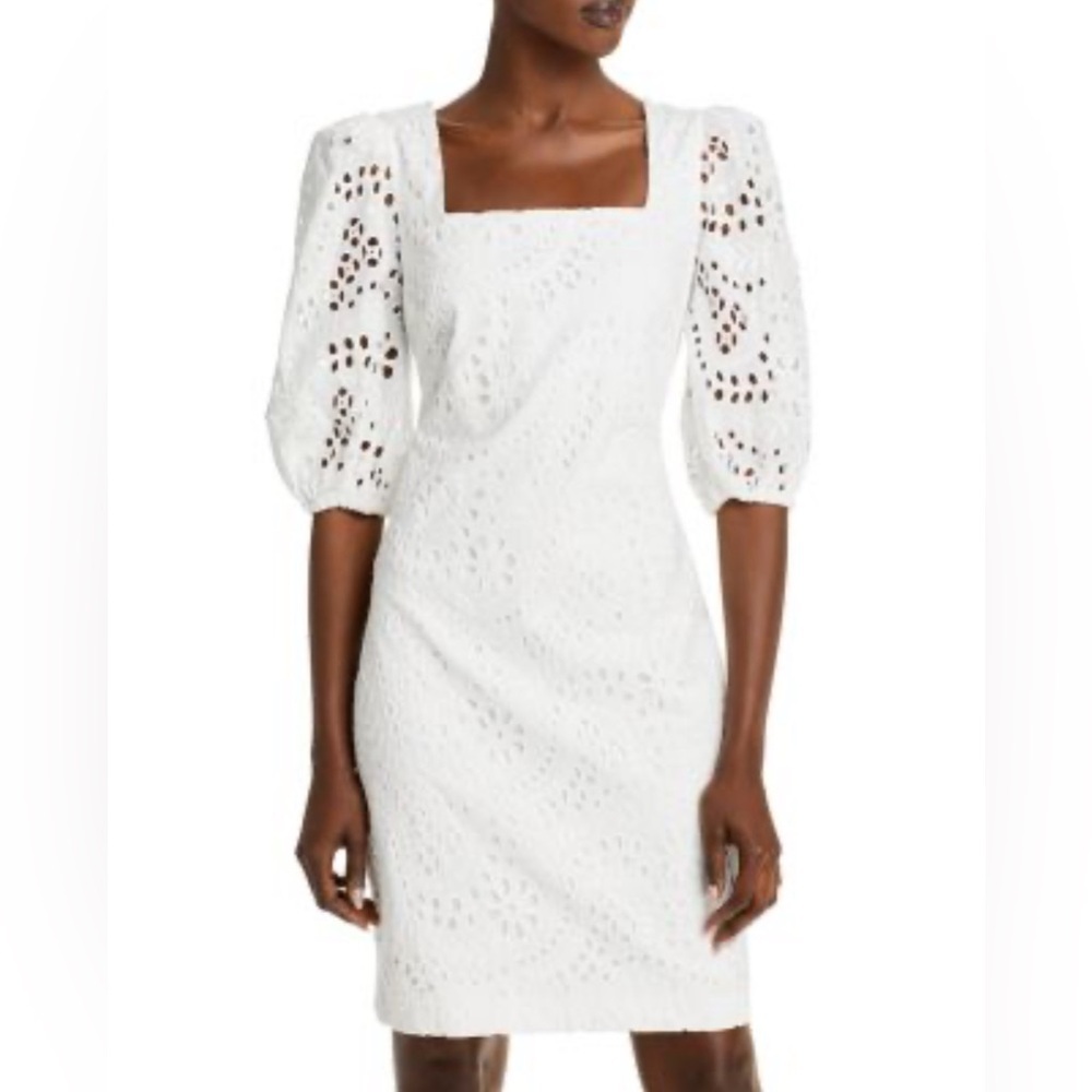 Eliza J White Eyelet Square-Neck Midi Dress with Puff Sleeves size 10